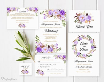 Purple Wedding Invitation Template, Boho Chic Wedding Invitation Suite, Lavender Invitation, Templett, #A020