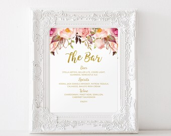 Bar Menu Sign, Wedding Bar Menu Template, Wedding Drinks Sign, Blush Gold Wedding Bar Sign, Cocktails Sign, Templett, #A010