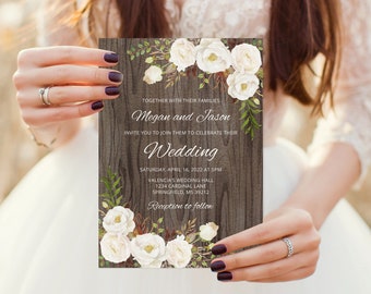 Rustic Wedding Invitation Template, White Wedding Invitation, Floral Wedding Decorations, White Flowers, Templett, A052