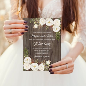 Rustic Wedding Invitation Template, White Wedding Invitation, Floral Wedding Decorations, White Flowers, Templett, A052