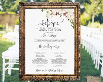 Floral Wedding Program Sign, White Ceremony Program Sign, Welcome Wedding Sign, Program Poster, Instant Download, Templett, A074