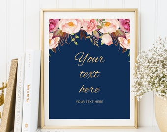 Custom Wedding Sign, Navy Wedding Sign, Editable Wedding Sign, Your Text Here Sign, Blush and Navy Wedding Sign Template, Templett, #A011