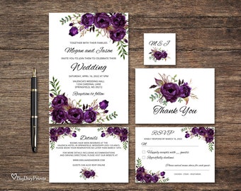 Eggplant Wedding Invitation Template, Boho Chic Wedding Invitation Suite, Floral Wedding Invitation, Dark Purple Flowers, Templett, #A039