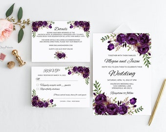 Floral Eggplant Wedding Invitation Template, Boho Chic Wedding Invitation Suite, Purple Wedding, Dark Purple Flowers, Templett, #A039