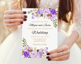 Purple Wedding Invitation Template, Boho Chic Wedding Invitation, Lavender Invitation, Templett, #A020