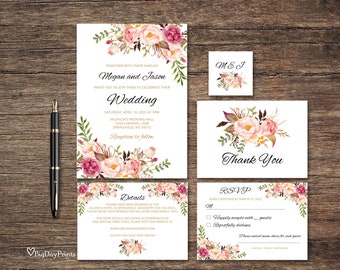 Floral Wedding Invitation Template, Boho Chic Wedding Invitation Suite, Wedding Set, Blush Pink Wedding Invitation, Templett, #A008