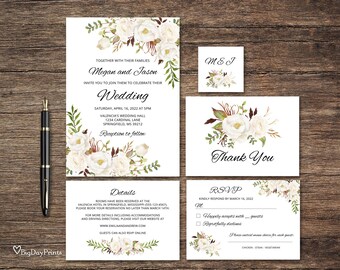 Floral Wedding Invitation Template, White Wedding Invitation Suite, Boho Chic Wedding Set, White Flowers, Templett, #A074