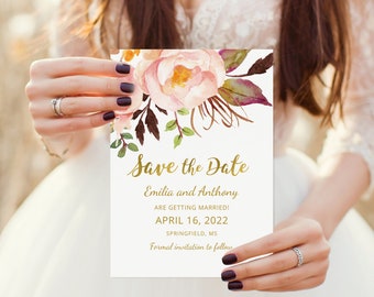 Save the Date Template, Floral Wedding Save the Date, Save the Date Printabl, Blush and Gold Wedding Save the Date, Templett, #A010
