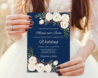 Navy Wedding Invitation Template, Floral Wedding Set, Navy and White Flowers, Blue White Wedding, Templett, A051