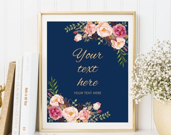Custom Wedding Sign Template, Your Text Here Sign, Navy Wedding Sign Template, Blue and Pink Sign, Templett, #A011
