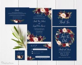 Burgundy Navy Wedding Invitation Template, Blue Wedding Invitation Suite, Marsala Navy Wedding Invitation Set, Templett, #A105