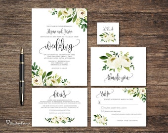 Garden Wedding Invitation Template, Floral Wedding Invitation Suite, Greenery Wedding Invitation, Templett, #A095