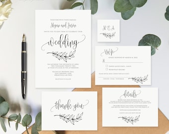 Wedding Invitation Template, Minimalist Wedding Invitation Suite, Calligraphy Wedding Invitation Template, Templett, #A045
