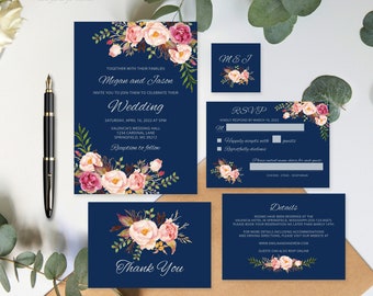 Navy and Pink Wedding Invitation Template, Silver Navy Wedding Invitation Suite, Floral Wedding Set, Templett, #A012