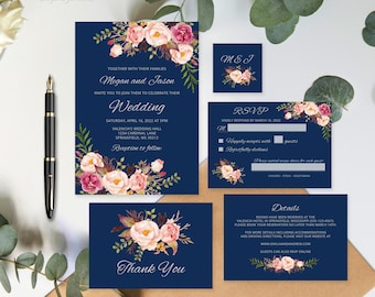 Marine und Rosa Hochzeitseinladung, Hochzeitseinladung Set Silber und Marine, Templett, #A012