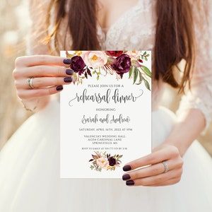 Rehearsal Dinner invitation Template, Floral Wedding Rehearsal Invite Printable, Burgundy, Marsala, Templett, #A047
