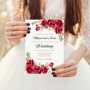 Rote Blumen Hochzeitseinladung, Boho Chic Hochzeitseinladung, Rote Hochzeitseinladung, Rote Blumen, Templett, #A015