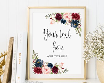 Panneau modifiable de mariage bleu marine bordeaux, votre texte ici, modèle de panneau de mariage, modèle de panneau de mariage personnalisé, votre propre libellé, # A102