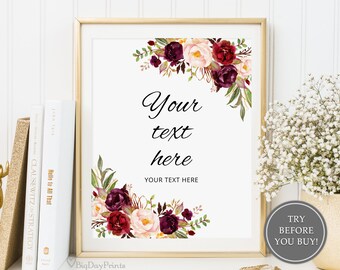 Panneau de mariage modifiable Bordeaux, votre texte ici, modèle de panneau de mariage personnalisé, panneau vertical et horizontal, Templett, A023