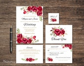 Red Wedding Invitation Template, Boho Chic Wedding Invitation Suite, Floral Wedding Set, Red Flowers, Red Invitation, Templett, #A015