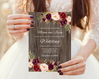 Rustic Burgundy Wedding Invitation Template, Boho Chic Wedding Invitation, Marsala Wedding Invitation, Templett, A090