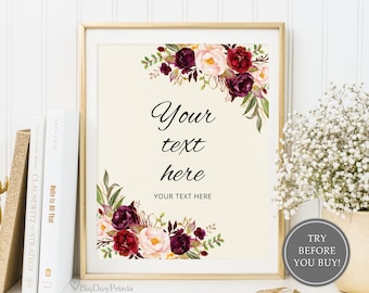 Panneau de mariage modifiable Ivoire Bordeaux, votre texte ici, modèle de panneau de mariage personnalisé, panneau vertical et horizontal, Templett, A107