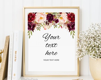 Panneau de mariage modifiable Bordeaux, votre texte ici, modèle de panneau de mariage personnalisé, panneau vertical et horizontal, Templett, A023