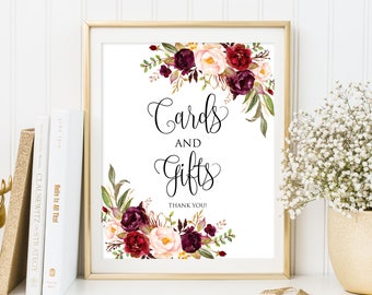 Cards and Gifts Sign, Gift Table Sign, Printable Wedding Sign, Gift Table Reception Sign, Burgundy Wedding Sign, Instant Download, #A047