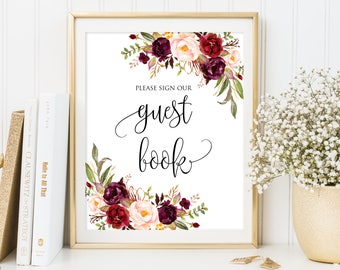 Guest Book Sign, Guest Book Reception Sign, Printable Wedding Sign, Please Sign our Guest Book, Floral Wedding Sign, Instant Download, #A047