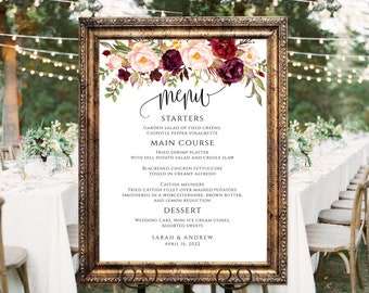 Panneau de menu de mariage bourgogne, affiche florale de menu de mariage, planche de menu de mariage, bourgogne, Marsala, Templett, # A047