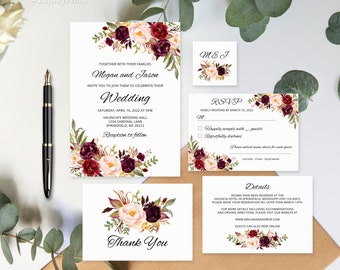 Modelo de convite de casamento Marsala, suíte de convites de casamento Boho Chic, conjunto de convites de casamento Borgonha, Templett, #A023
