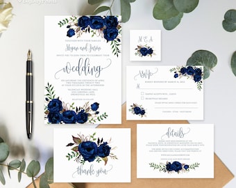 Navy Wedding Invitation Template, Floral Wedding Invitation Suite, Boho Chic Wedding Set, Blue Navy Wedding, Templett, #A089