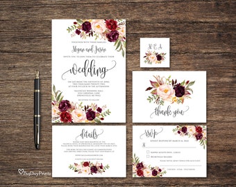 Burgundy Wedding Invitation Template, Floral Wedding Invitation Suite, Boho Chic Wedding Set, Marsala Wedding Invitation, Templett, #A047