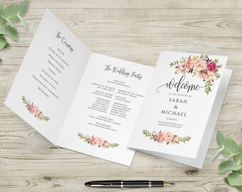 Floral Wedding Program Template, Ceremony Program Printable, Folded Wedding Program Printable, Templett, #A049