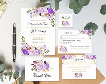 Purple Wedding Invitation Template, Boho Chic Wedding Invitation Suite, Lavender Wedding Invitation, Templett, #A020