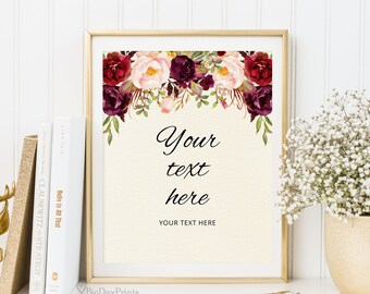 Panneau de mariage modifiable Ivoire Bordeaux, votre texte ici, modèle de panneau de mariage personnalisé, panneau vertical et horizontal, Templett, A107