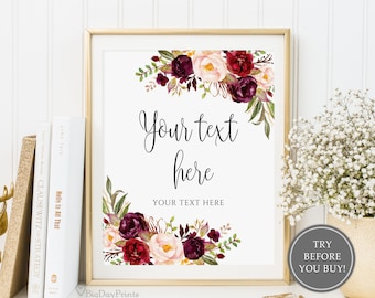 Plaque modifiable de mariage Bordeaux, votre texte ici, modèle de plaque de mariage, modèle de plaque de mariage personnalisé, votre propre libellé, # A047