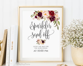 Sparkler Send Off Sign, Burgundy Wedding Sparkler Sign, Printable Sparkler Send Off Wedding Sign, Marsala, Templett, #A047