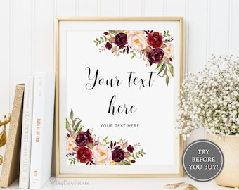 Panneau de mariage Marsala, votre texte ici, modèle de panneau de mariage personnalisé, panneau vertical et horizontal, Templett, A115
