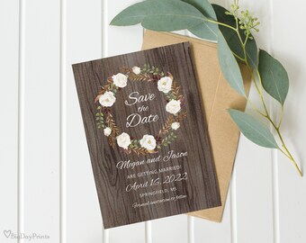 Rustic Save the Date Template, Rustic Floral Wedding Save the Date, White Flowers Save the Date Printable, Templett, #A052