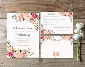 Floral Wedding Invitation Template, Boho Chic Wedding Invitation Suite, Wedding Set, Blush Wedding Invitation, Templett,  #A008