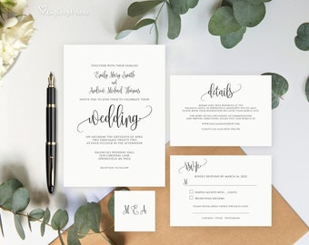 Modern Wedding Invitation Template, Minimalist Wedding Invitation Suite, Calligraphy Wedding Invitation Template, Templett, #A030