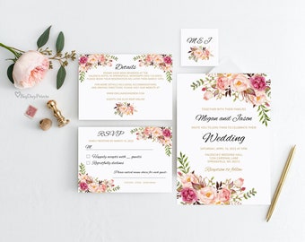 Floral Wedding Invitation Template, Boho Chic Wedding Invitation Suite, Wedding Set, Templett, #A008