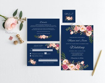 Marineblaue Hochzeitseinladungen Set, silberblaue Hochzeitseinladungen Set, Templett, #A012