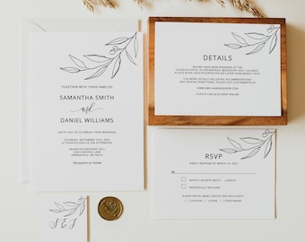 Botanical Wedding Invitation Template, Modern Wedding Invitation Suite, Olive Branch Wedding Invitation, Templett, #A110