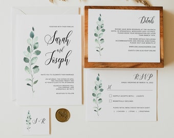 Botanical Wedding Invitations, Greenery Wedding Invitation Suite, Eucalyptus Wedding Invitation Template, Templett, #A108