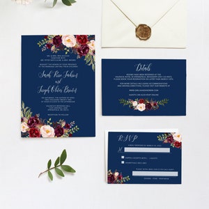 Navy Wedding Invitation Template, Blue Wedding Invitation Suite, Burgundy Wedding Invitation Set, Templett, #A105