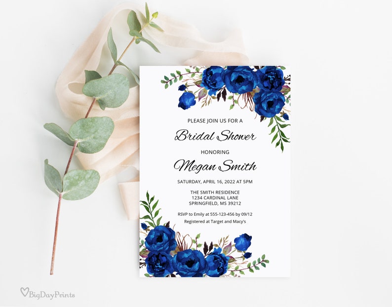 May include: A blue and green floral bridal shower invitation with the text "Please join us for a Bridal Shower honoring Megan Smith" and details for the event.