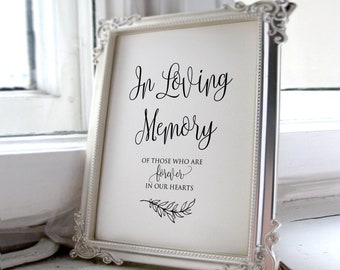 Può includere: Un cartello incorniciato in argento con il testo "In Loving Memory" e le parole "Of those who are forever in our hearts" con un piccolo disegno di foglie.