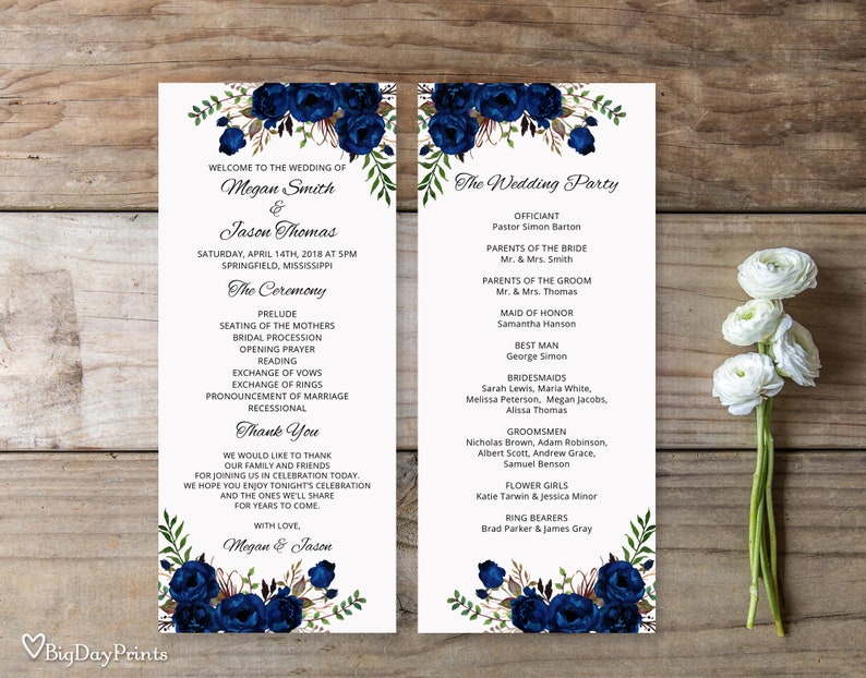 May include: Wedding ceremony programme with navy blue floral design. The programme includes the order of events, officiant, wedding party, and a thank you message from the couple. The text reads "Welcome to the wedding of Megan Smith & Jason Thomas".